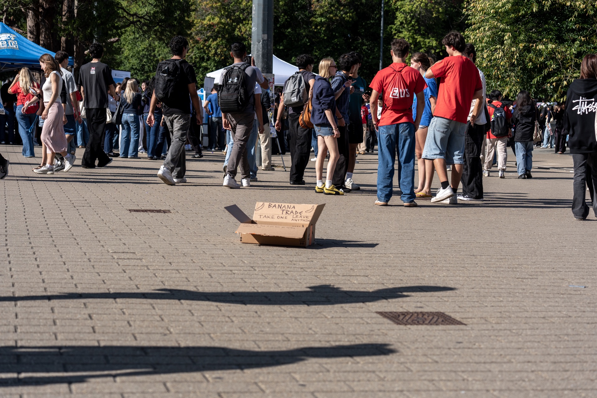 The trading box remains in the plaza as the crowd moves around it