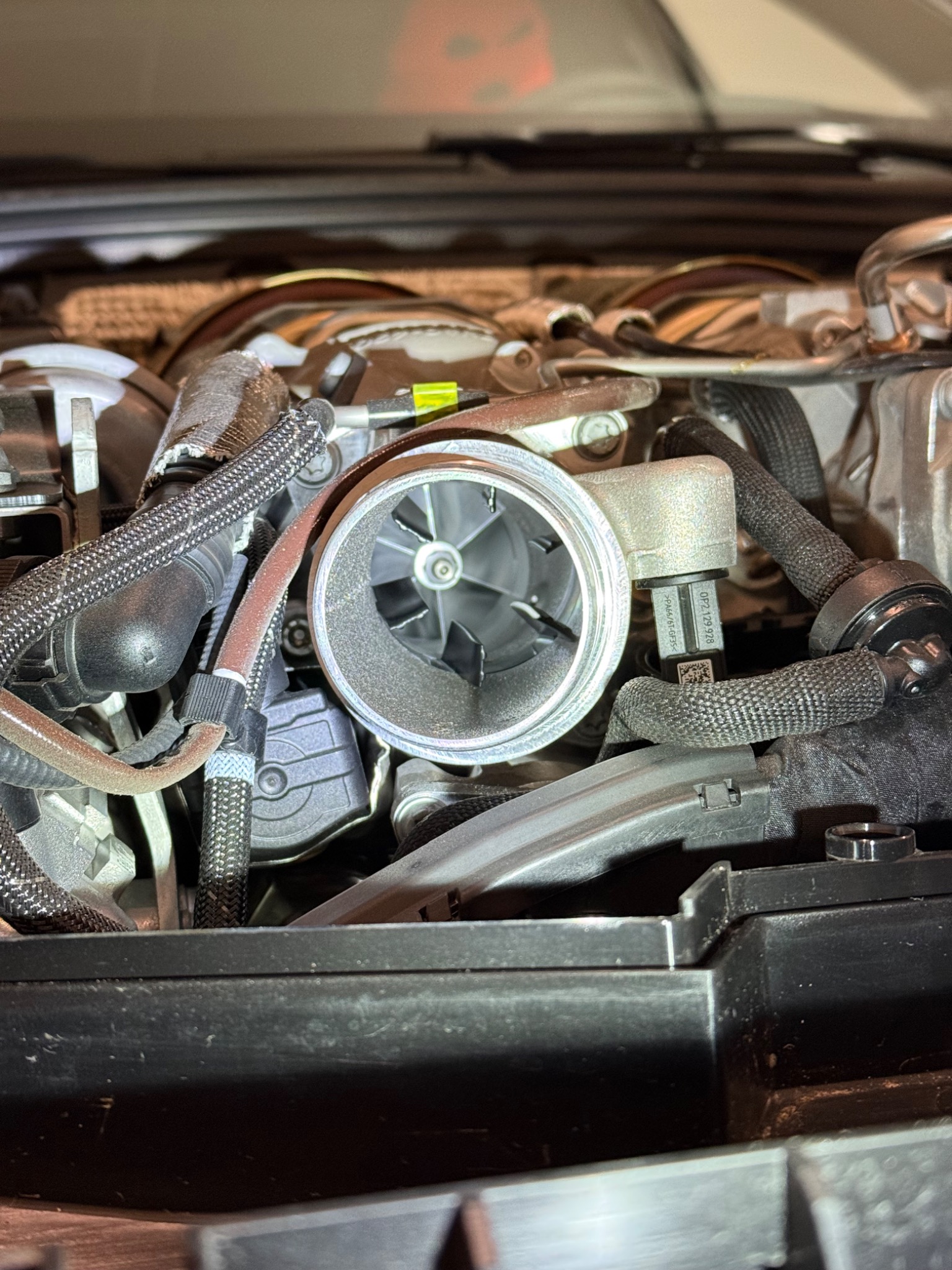 Close view into one of the RS6 turbocharger compressor inlets